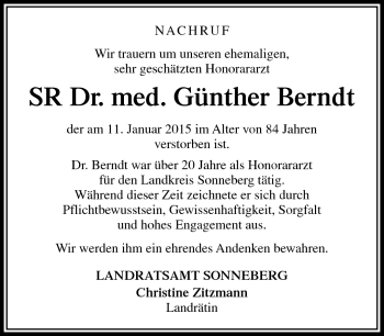 Traueranzeige von Günther Dr. med. Berndt von Südthüringer Presse