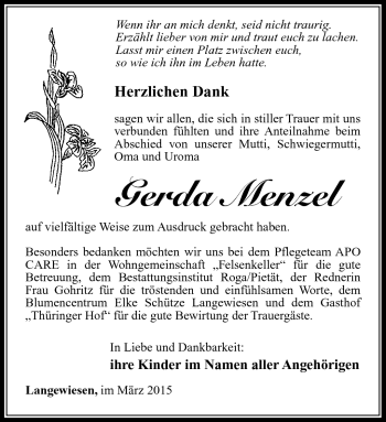Traueranzeige von Gerda Menzel von Südthüringer Presse