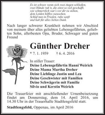 Traueranzeige von Günther Dreher von Südthüringer Presse