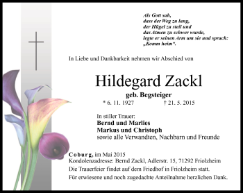 Traueranzeige von Hildegard Zackl von Neue Presse Coburg