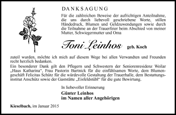 Traueranzeige von Toni Leinhos von Südthüringer Presse