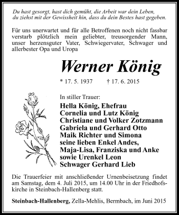 Traueranzeige von Werner König von Südthüringer Presse