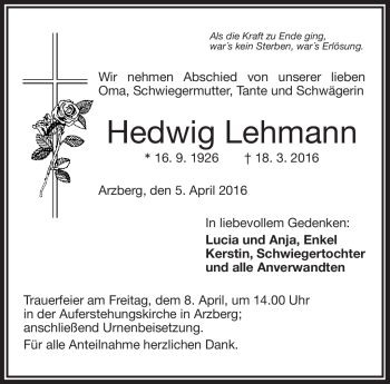 Traueranzeige von Hedwig Lehmann von Frankenpost