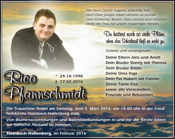 Traueranzeige von Rico Pfannschmidt von Südthüringer Presse