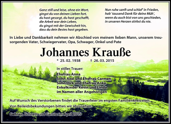 Traueranzeige von Johannes Krauße von Südthüringer Presse