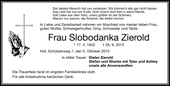 Traueranzeige von Slobodanka Zierold von Frankenpost