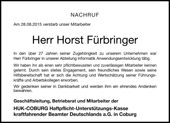 Traueranzeige von Horst Fürbringer von Neue Presse Coburg