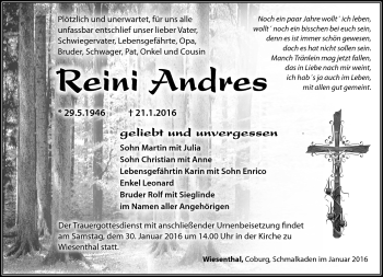 Traueranzeige von Reini Andres von Südthüringer Presse