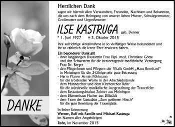 Traueranzeige von Ilse Kastruga von Südthüringer Presse