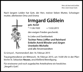 Traueranzeige von Irmgard Gäßlein von Neue Presse Coburg