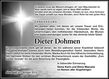 Traueranzeige von Dieter Dohmen von Südthüringer Presse