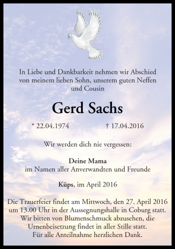 Traueranzeige von Gerd Sachs von Neue Presse Coburg