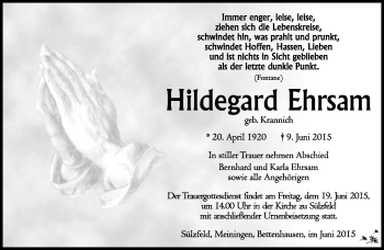 Traueranzeige von Hildegard Ehrsam von Südthüringer Presse
