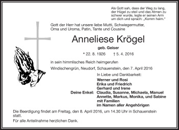 Traueranzeige von Anneliese Krögel von Frankenpost