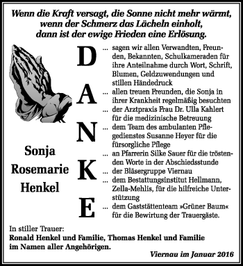 Traueranzeige von Sonja Henkel von Südthüringer Presse