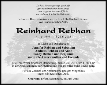Traueranzeige von Reinhard Rebhan von Südthüringer Presse