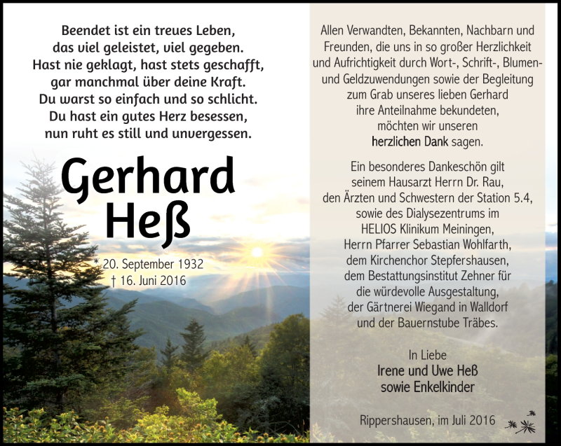  Traueranzeige für Gerhard Heß vom 09.07.2016 aus Südthüringer Presse