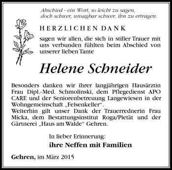 Traueranzeige von Helene Schneider von Südthüringer Presse