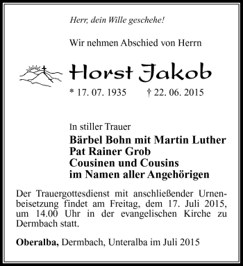 Traueranzeige von Horst Jakob von Südthüringer Presse