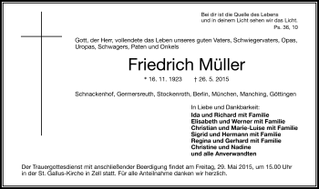 Traueranzeige von Friedrich Müller von Frankenpost