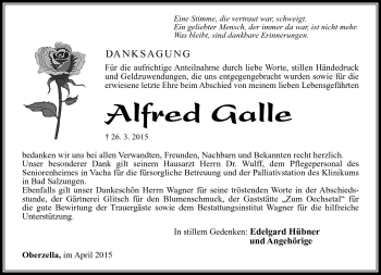 Traueranzeige von Alfred Galle von Südthüringer Presse