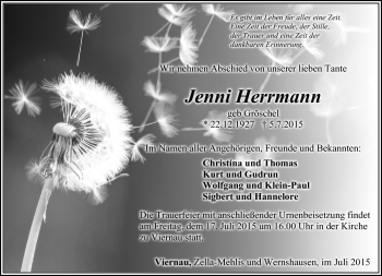 Traueranzeige von Jenny Herrmann von Südthüringer Presse