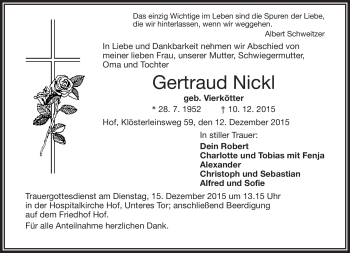 Traueranzeige von Gertraud Nickl von Frankenpost