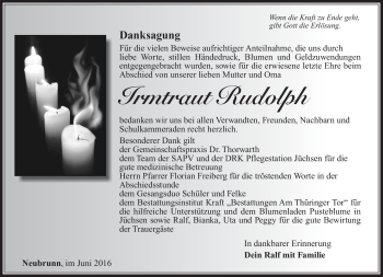 Traueranzeige von Irmtraud Rudolph von Südthüringer Presse