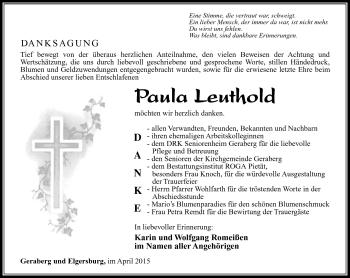 Traueranzeige von Paula Leuthold von Südthüringer Presse