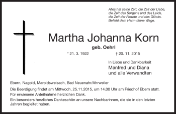 Traueranzeige von Martha Johanna Korn von Neue Presse Coburg
