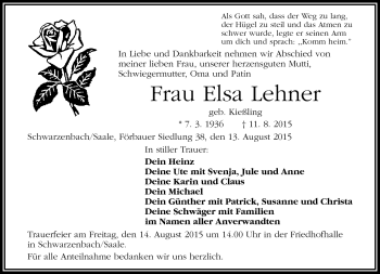 Traueranzeige von Elsa Lehner von Frankenpost