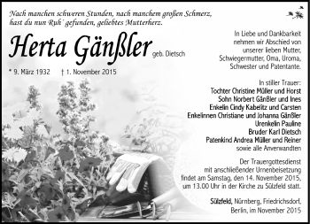 Traueranzeige von Herta Gänßler von Südthüringer Presse