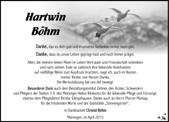 Traueranzeige von Hartwin Böhm von Südthüringer Presse