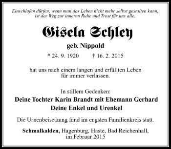 Traueranzeige von Gisela Schley von Südthüringer Presse