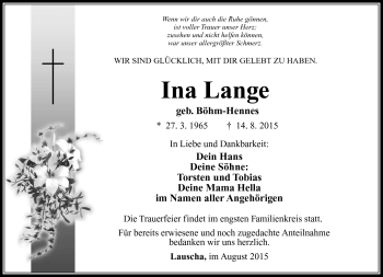 Traueranzeige von Ina Lange von Südthüringer Presse