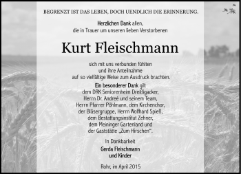 Traueranzeige von Kurt Fleischmann von Südthüringer Presse