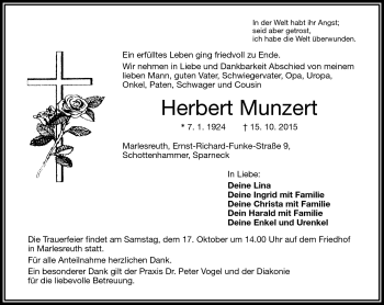 Traueranzeige von Herbert Munzert von Frankenpost