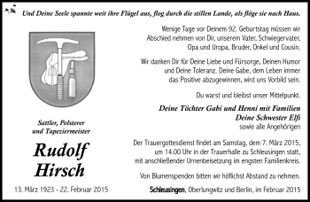 Traueranzeige von Rudolf Hirsch von Südthüringer Presse