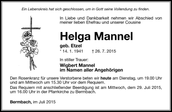 Traueranzeige von Helga Mannel von Südthüringer Presse