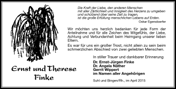 Traueranzeige von Therese und Ernst Finke von Südthüringer Presse