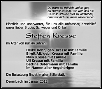 Traueranzeige von Steffen Kresse von Südthüringer Presse