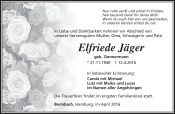 Traueranzeige von Elfriede Jäger von Südthüringer Presse