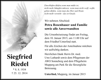 Traueranzeige von Siegfried Riedel von Südthüringer Presse