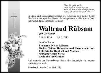 Traueranzeige von Waltraud Rübsam von Südthüringer Presse