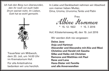 Traueranzeige von Albine Hommen von Frankenpost