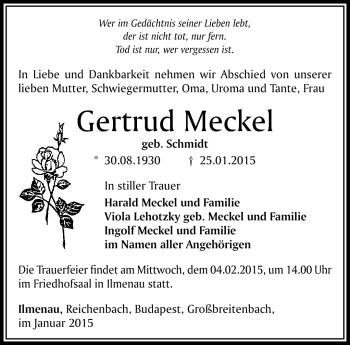 Traueranzeige von Gertrud Meckel von Südthüringer Presse