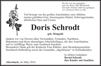 Traueranzeige von Doris Schrodt von Südthüringer Presse