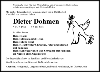 Traueranzeige von Dieter Dohmen von Südthüringer Presse