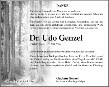 Traueranzeige von Udo Genzel von Südthüringer Presse