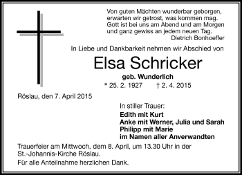 Traueranzeige von Elsa Schricker von Frankenpost